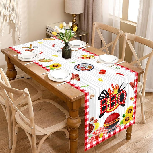 BBQ Theme Table Runner, Barbecue Picnic Linen Fabric Table Runner for Everyday Use 72 x 13 Inches, Washable Table Cover for Indoor Outdoor Kitchen Dining Table Decor
