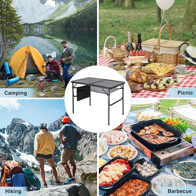 Folding Grill Table,Aluminum Portable Grill Stand Table for Outdoor Camping Picnic BBQ Lightweight, Adjustable Height, 36''x24''x16/28'', Black