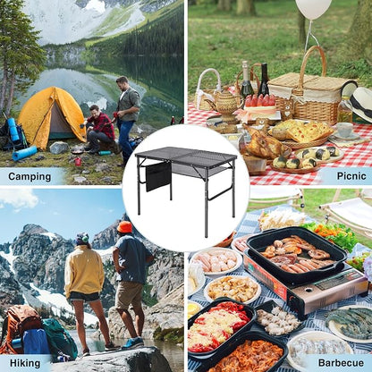 Folding Grill Table,Aluminum Portable Grill Stand Table for Outdoor Camping Picnic BBQ Lightweight, Adjustable Height, 36''x24''x16/28'', Black