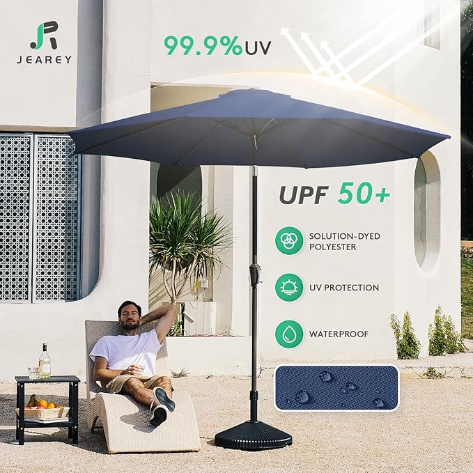JEAREY 9FT Outdoor Patio Umbrella Outdoor Table Umbrella with Push Button Tilt and Crank, Market Umbrella 8 Sturdy Ribs UV Protection Waterproof for Pool, Deck, Backyard, Garden (Navy Blue)