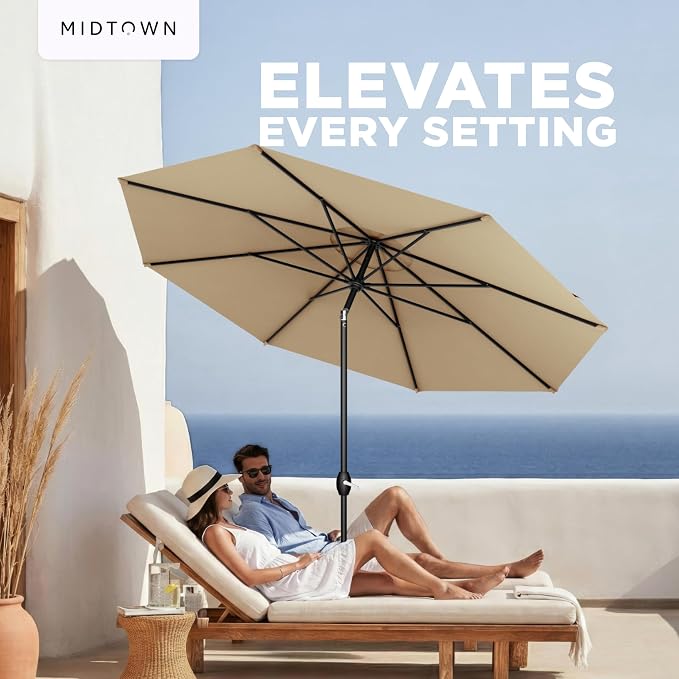 Midtown Umbrellas – The Lean 10 Ft Patio Umbrella with 10-Year-No-Fade Acrylast Acrylic Fabric, Auto-Tilt and 8 Reinforced Ribs for Deck, Pool, Garden, Hotel & Cafes – Sahara Canopy, Black Pole