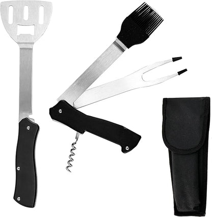 Iconikal 4-in-1 Folding Collapsible Swiss Camping Grilling Tool, Turner, Brush, Fork, Corkscrew