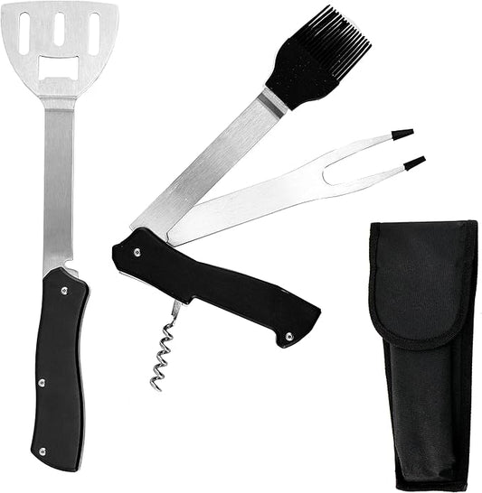 Iconikal 4-in-1 Folding Collapsible Swiss Camping Grilling Tool, Turner, Brush, Fork, Corkscrew
