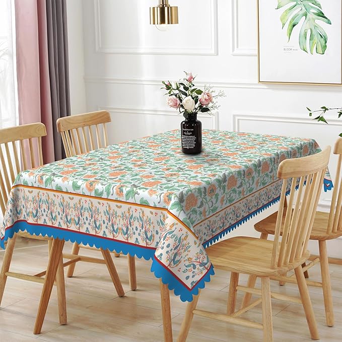 Boho Floral Rectangular Tablecloth 55"x70" - Blue Vintage Flower Waterproof Table Cloth for Dining, Kitchen, Outdoor BBQ and Picnic Party Decor