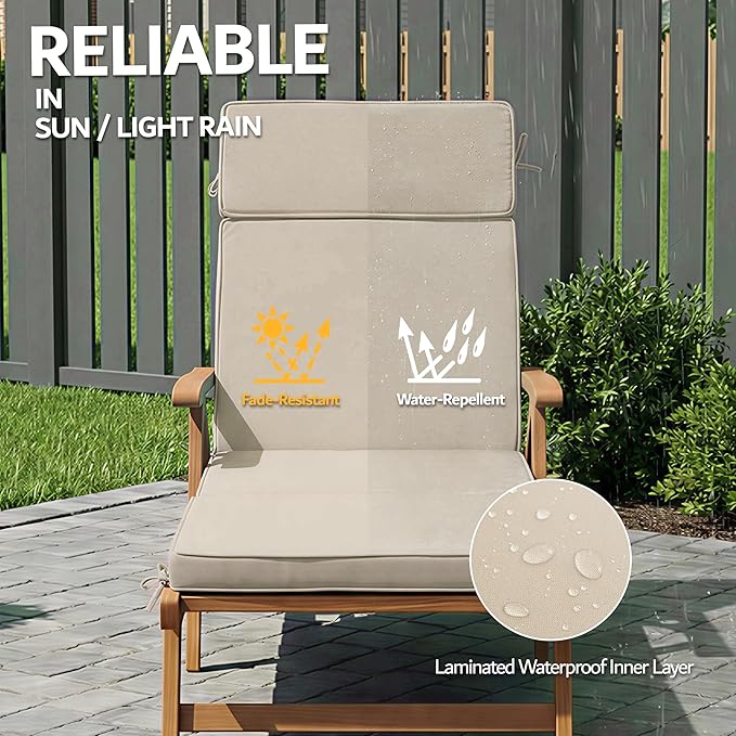 80 x 26 Inch Outdoor Chaise Lounge Cushions Set of 4 - Removable Cover, 4-Section Design, Water-Repellent & Fade-Resistant, 6 Tie Straps, Replacement for Patio & Pool Chairs - Cream