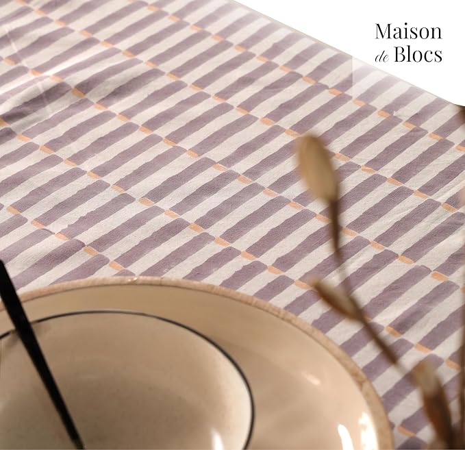 100% Cotton Hand Block Printed, Tablecloth for Kitchen, Dining, Table Cover for Parties, Chritmas, Weddings, Barbecues and Summer picnics Table Cloth (Lilac, 60" x 90")