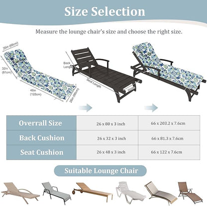 Chaise Lounge Cushions Outdoor Set of 2 Lounge Chair Cushion 80" L x 26" W with Headrest Straps 3'' Thick Waterproof Patio Chaise Cushions Pool Lounger Chair Cushion(Ocean)
