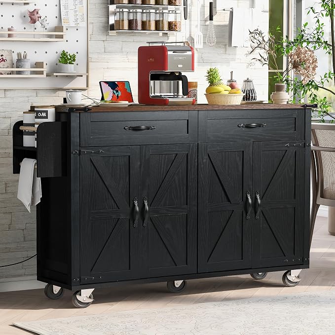 53.5''Farmhouse Kitchen Island with Power Outlet,Storage Cart W/Drop Leaf/Spice Rack/Drawer,Rolling KitchenCart on Wheels,for Home,Dining Room,Black