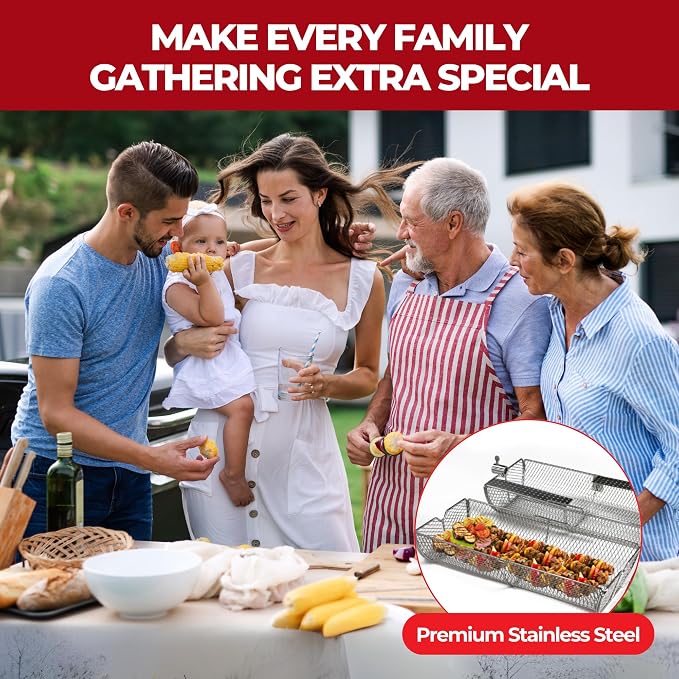 Rotisserie Basket for Outdoor Grill (15.4" x 6.8" x 6.4") - Heavy Duty Stainless Steel BBQ Basket with Reinforced Latch & Safety-Smooth Edges - Splits Apart for Easy Cleaning - Fits Most Grills