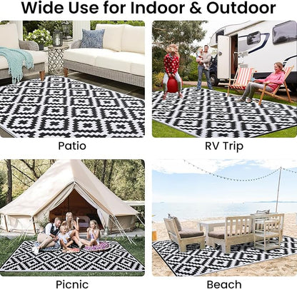 Smiry Outdoor Rug 9x18 ft Waterproof Reversible Boho Mat, Black & White | Polypropylene Plastic Straw, Quick Drying, Lightweight Foldable, for Patio, Deck, RV Camping, Backyard and Indoor Outdoor Use