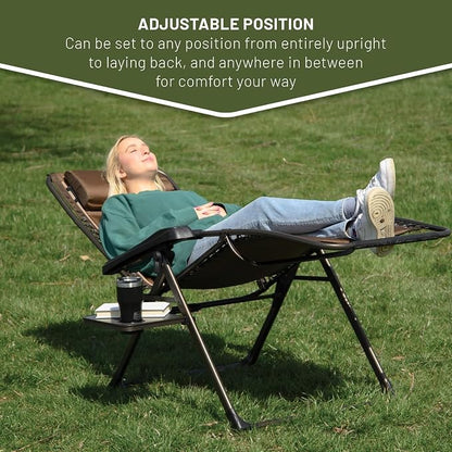 Timber Ridge Aluminum Zero Gravity Chair Set of 2, 350 lb Capacity Each | Padded Foldable Lounger with Side Table and Sliding Headrest; Reclines from 0° to 170° for Camping, Lawn, Patio or Indoor Use