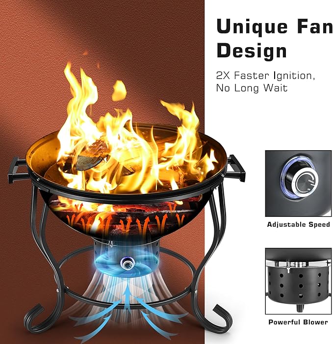 18 Inch Portable Charcoal Grill with Adjustable Fan, Outdoor BBQ Fire Pit, Easy to Light Charcoal/Wood, Small Round Kettle Smoker for Backyard Cooking, Barbeque, Camping, Black
