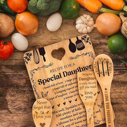 Gifts for Daughter - "Recipe for a Special Daughter" Daughter Birthday Gifts Cutting Board Set, Bamboo-Made Engraved Utensil Set Birthday Gifts for Daughter, Mothers Day Gifts for Daughter