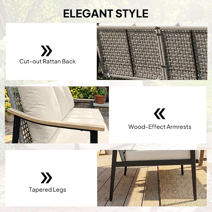 Outsunny Outdoor Patio Couch, 3 Seater Outdoor Sofa with Wood-Effect Armrests and Wicker Backrest, Outdoor Patio Furniture Couch with Cushions, Steel Frame for Porch, Garden, Backyard, Khaki
