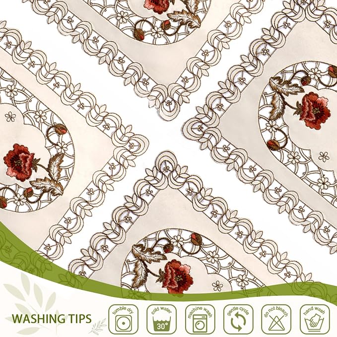 LeLehome Set of 4 Flower Embroidered Placemats, Oblong Rufous Flower Rose Lunchmats Place Mats, Home Kitchen Dining Restaurant Party Indoor Decor Table Mats, 18 Inch X 12 Inch