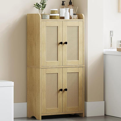 HEXCELEN Small Storage Cabinet, Bathroom Storage Cabinet with 4 Doors, Floor Bathroom Organizer Freestanding for Small Spaces, Living Room, Kitchen, Entryway (Streamlined American, Yellow) | Bathroom Storage Cabinet, 4 Doors, Floor Bathroom Organizer F...