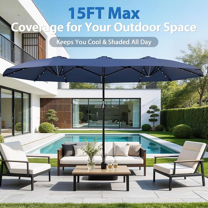 HOPERAN 15FT Patio Umbrella with Base Included, Large Outdoor Double-Sided Rectangle Table Umbrella with Easy Crank Lift, Market Umbrella for Backyard, Pool&Garden