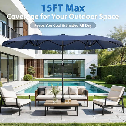 HOPERAN 15FT Patio Umbrella with Base Included, Large Outdoor Double-Sided Rectangle Table Umbrella with Easy Crank Lift, Market Umbrella for Backyard, Pool&Garden