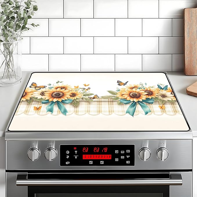 Stove Top Cover Retro Flower Gas Stove Top Cover for Home Decoration Kitchen Pad Non-Stick Washable Cooktop Covers Countertop Protector Keep Stove Clean 28"x20" (Sunflower)