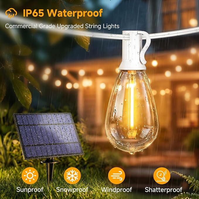 50FT(2x25FT) Solar String Lights with Remote, Outdoor Patio Lights | 3 Lighting Mode, Waterproof, Dimmable Bistro Lights String, with 20+2 Shatterproof S11 LED Bulbs, White Wire, for Backyard