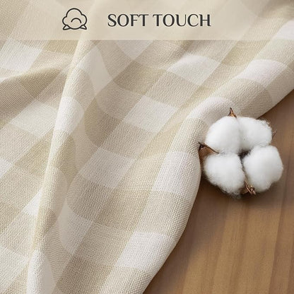 Softalker Checkered Tablecloth Rectangle, Outdoor Linen Cotton Gingham Table Cloth with Tassel, Heavy Duty Wrinkle Free Buffalo Plaid Table Cover for Kitchen Dining Summer Party - 55 x 102 Inch, Beige