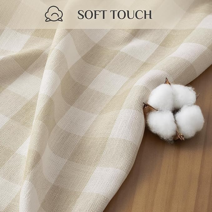 Softalker Checkered Tablecloth Rectangle, Outdoor Linen Cotton Gingham Table Cloth with Tassel, Heavy Duty Wrinkle Free Buffalo Plaid Table Cover for Kitchen Dining Summer Party - 55 x 70 Inch, Beige