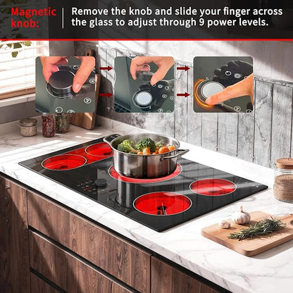 Karinear 36 Inch Electric Cooktop with Magnetic Knob, Bridge BBQ, 5 Burner Radiant Stove Top, 9600W 240V Built-in Hob, 9 Heat Levels, 99-Min Timer, Child Lock, Pause