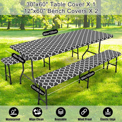 Smiry Picnic Table Cover with Bench Covers, Waterproof Elastic Fitted Tablecloth for 5 Foot Tables, Washable Polyester Tablecloths for Camping, Indoor & Outdoor (Dark Grey, 30x60 Inch 3-pc Set)