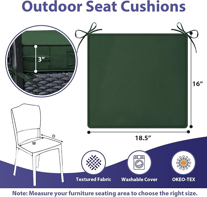 IPYNBAP Outdoor Chair Cushions Set of 4 -Waterproof Outdoor Seat Cushions for Patio Furniture, Patio Chair Cushion with Handle and Ties, Out Door Chair Pads,18.5x16x3-Square, Forest Green