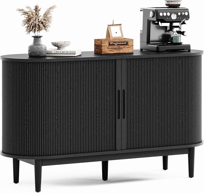 LINSY HOME 55" Sideboard Buffet Cabinet,Tambour Sliding Doors & Drawer | Black Fluted Coffee Bar Cabinet with Large Storage, Mid Century Modern Wood Storage Buffet Table for Kitchen, Living Room