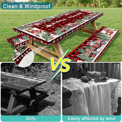 Christmas Picnic Table Cover with Bench Covers and Bag, Camping Essentials, Red Plaid Xmas Waterproof Windproof, Fitted Tablecloth Cover with Elastic Edge, for Indoor & Outdoor, 3 PCS, 30x96 Inch