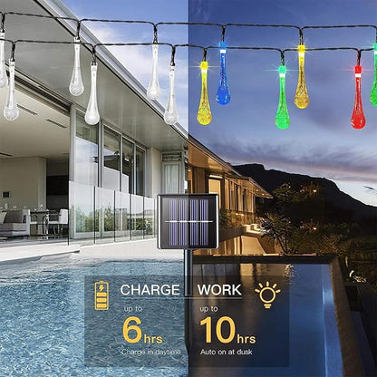 Solar Lights, Outdoor 21FT 30 LED Multicolor Water Drop Fairy Lights | Waterproof solar water fairy string lights with 8 modes auto on/off, decor for garden, patio, yard, tree, wedding
