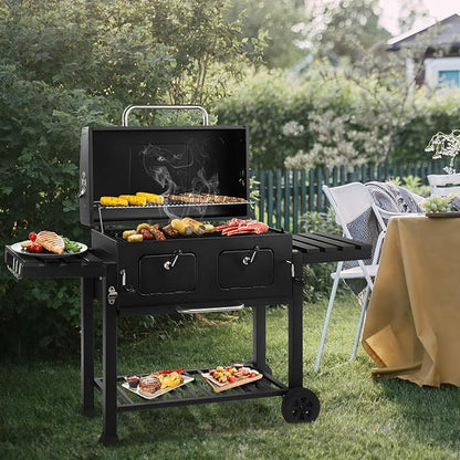 61.5in Outdoor BBQ Grill,Large Camping Barbecue Grill,Outdoor Cooking Charcoal Grills,Portable Vertical BBQ Grills,with Foldable Side Tables & Wheels,for Garden Patio Beach Backyard (Black)
