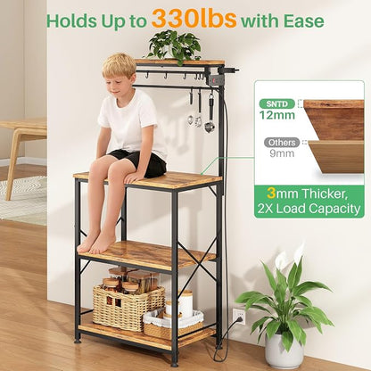 SNTD Bakers Rack with Power Outlet, Microwave Stand, Rustic Brown, 21.7" W | Coffee Stand, 4 Tiers Kitchen Storage Shelves, 10 Hooks, Metal Frame, X-Shaped Reinforcement