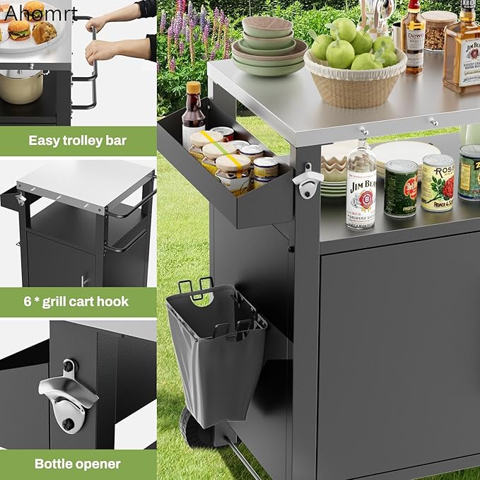 Outdoor Grill Cart with Patio Furniture, Outdoor Grill Table with Storage,Rolling Bar Cart Outdoor BBQ Cart with Hooks and Spice Rack for Grilling Accessories(Single Door, Black)