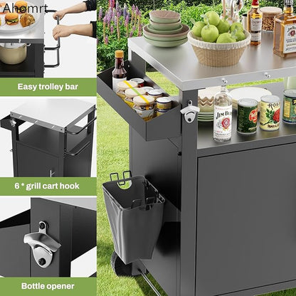 Outdoor Grill Cart with Patio Furniture, Outdoor Grill Table with Storage,Rolling Bar Cart Outdoor BBQ Cart with Hooks and Spice Rack for Grilling Accessories(Single Door, Black)