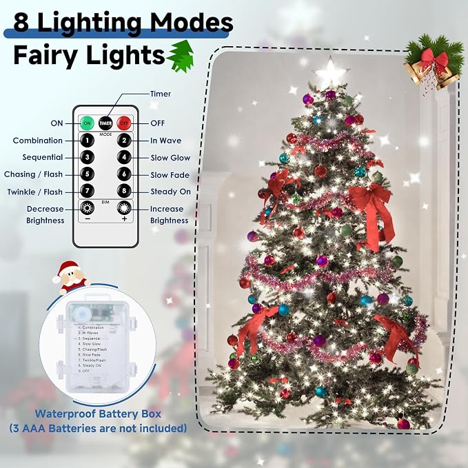 4 Pack Battery Fairy Lights with Remote, 160FT 480LED, Cool White | 8 Modes, Timer Function, Waterproof, Dimmable, Battery Operated Twinkle Light for Indoor Outdoor Xmas Party Holiday Decor