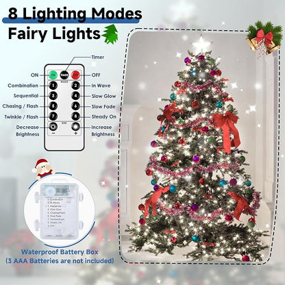 4 Pack Battery Fairy Lights with Remote, 160FT 480LED, Cool White | 8 Modes, Timer Function, Waterproof, Dimmable, Battery Operated Twinkle Light for Indoor Outdoor Xmas Party Holiday Decor