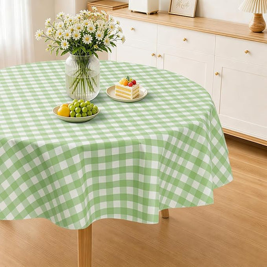 Seenus Flannel Backed Gingham Plastic Tablecloth, Waterproof & Wipe Clean Light Green Checkered Round Table Cover for Family Gathering and Patio Dining, 70 Inch Round (Fits 40-58" Tables)