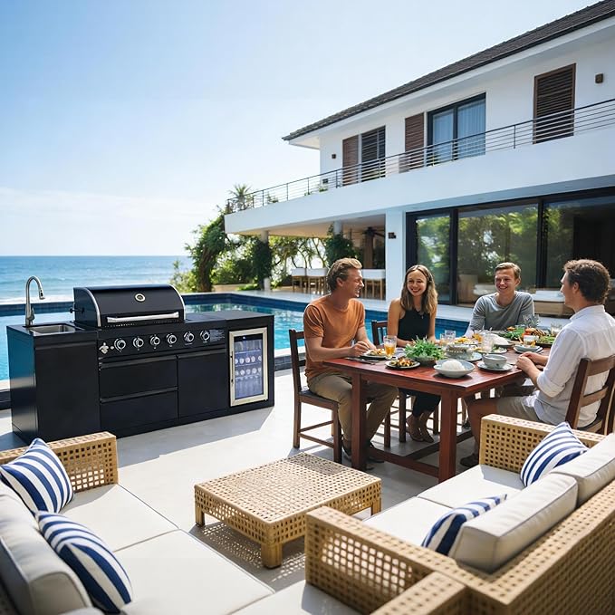 Outdoor Kitchen Island with Side Burn,4+1 Burner Modular Kitchen with Grill Station Cabinetry,304 Stainless Sink, Fridge, BBQ Set for Patios & Backyards (Black, 86 IN-Side Burn)