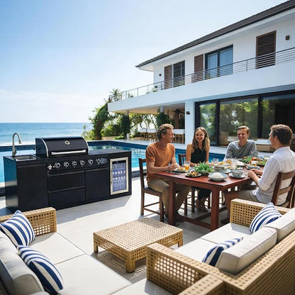 Outdoor Kitchen Island with Side Burn,4+1 Burner Modular Kitchen with Grill Station Cabinetry,304 Stainless Sink, Fridge, BBQ Set for Patios & Backyards (Black, 86 IN-Side Burn)