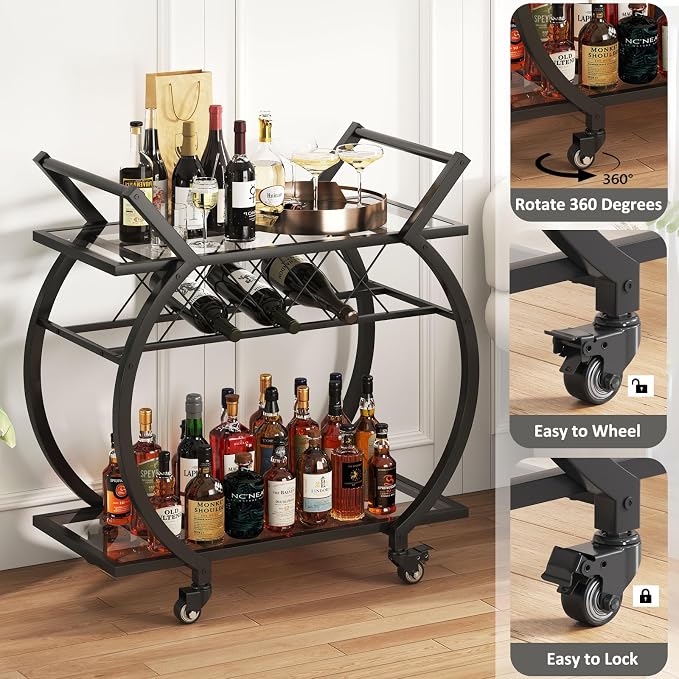 LVB Bar Cart with Glass, Black Bar Cart with Wheels, Home Bar Serving Cart | 2 Tier Glass Shelves Bar Cart with Storage, Wine Cart with Wine Rack, Liquor Cart for Kitchen, Bar, Dinning Room