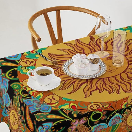 Vintage Boho Sun Tablecloth Wildflower Floral Bohemian Hippie Sun Table Cloth Water Resistant Wipeable Table Cover for Farmhouse Picnic Party Holiday Kitchen Dinner Table 55"x75"