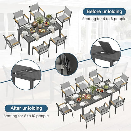 Wisteria Lane 9 Piece Aluminum Outdoor Dining Sets with 3-Adjustable Length Dining Table, 92" L×33.5" W Expandable Patio Table and Chairs Set for 8, Stackable Chairs with Quick Drying Fabric, Grey