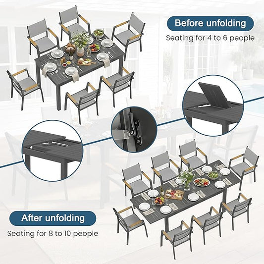 Wisteria Lane 9 Piece Aluminum Outdoor Dining Sets with 3-Adjustable Length Dining Table, 92" L×33.5" W Expandable Patio Table and Chairs Set for 8, Stackable Chairs with Quick Drying Fabric, Grey