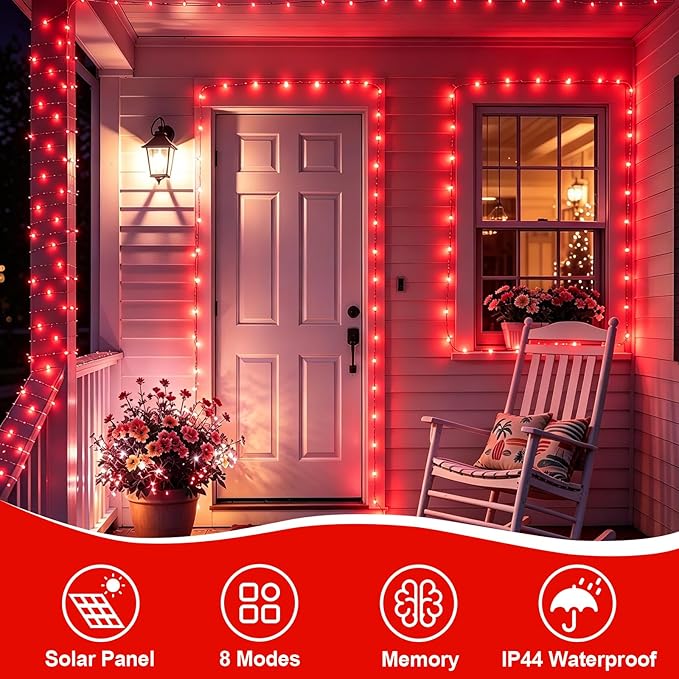 YEGUO 4 Pack Red Solar Fairy Lights, Each 33ft 100 LED Valentines Lights Outdoor Waterproof, 8 Modes Sliver Wire Solar Christmas String Lights