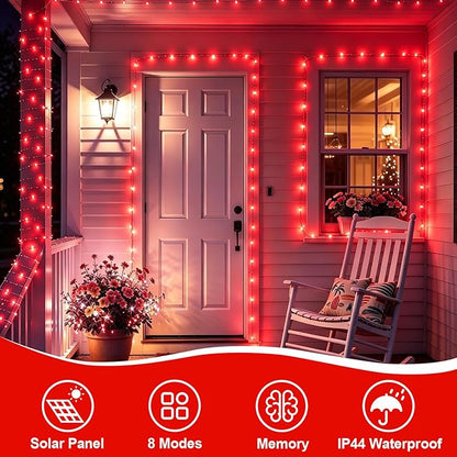YEGUO 4 Pack Red Solar Fairy Lights, Each 33ft 100 LED Valentines Lights Outdoor Waterproof, 8 Modes Sliver Wire Solar Christmas String Lights