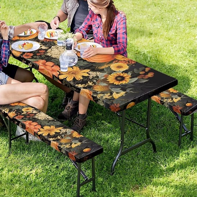 Fall Picnic Table Cover for Outdoor Camping Pumpkin Sunflower Elastic Fitted Table Cloth for Camping Party Supplies 3 PCS Set