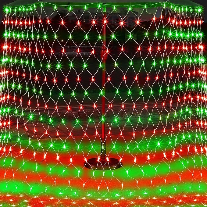 WATERGLIDE Outdoor Christmas Net Lights, 12FT x 5FT 360 LED Mesh String Light with 8 Lighting Mode, Connectable Waterproof Lights for Garden Tree Bushes, Holiday Wedding Party Decoration, Red & Green