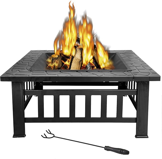 HomGarden 32" Fire Pit Outdoor Patio Square Metal Heater Deck Firepit Backyard Garden Home Stove Burning Fireplace w/Spark Screen,Poker,Cover,Grill
